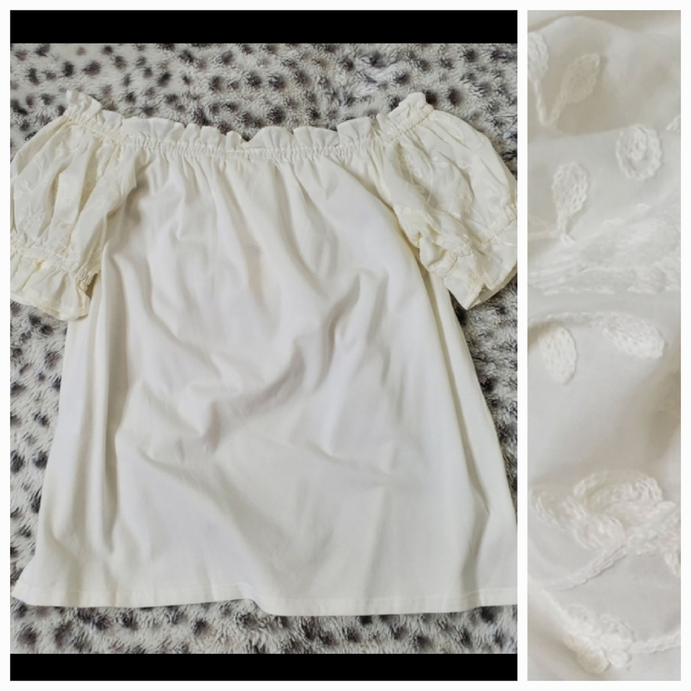 Anthropologie One September Embroidered Puff Shoulder Short Sleeve Top Size XS